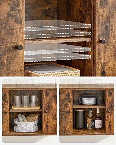 VASAGLE Sideboard, mit 2 Türen und Regal – Hartglas, rustikale braune Spanplatte und schwarzer Stahl