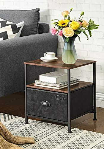 SONGMICS nattbord, m. 2 hyller og 1 skuff - rustikk brun MDF og svart imitert semsket skinn/metall (41x41)