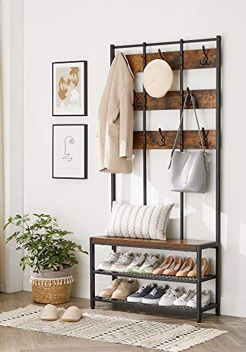 VASAGLE inngangsarrangement, m. 8 doble kroker, 1 sete og 2 nettinghyller - brun sponplate og sort stl