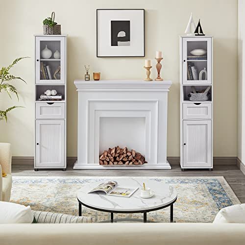 VASAGLE baderomsskap, m. 2 drer, justerbare hyller og 1 skuff - glass og hvit trekornsponplate