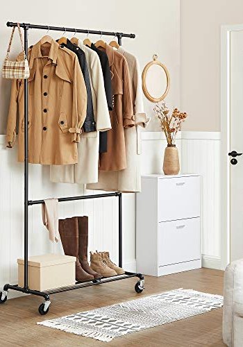 SONGMICS klesstativ, m. 2 henger, 1 hylle, hjul - sort stl
