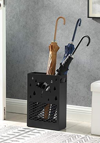 SONGMICS paraplystativ, rektangulrt, m. avtakbart dryppbrett, 4 kroker, utskjringer - svart stl