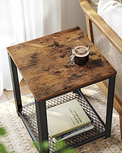 VASAGLE sidebord, m. 1 hylle, firkantet - rustikk brun sponplate og sort stl (45x45)