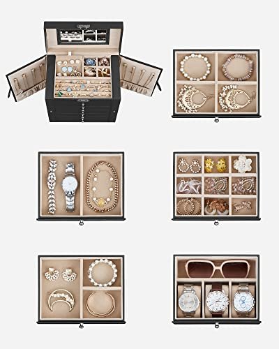 SONGMICS smykkeskrin, lsbar, m. 6 lag, 5 skuffer, speil - sort MDF