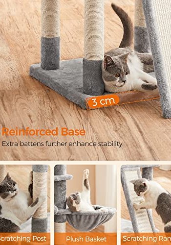 FEANDREA skrapestolpe, 5 niver, 3 plattformer, 2 huler, 3 pom-poms, 1 kurv - lys gr plysj