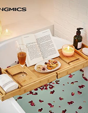 SONGMICS Badewannentablett, ausziehbar, mit Getränkehalter, Buchstütze, Seifenhalter – Bambus natur
