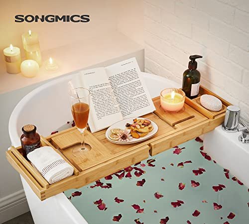SONGMICS Badewannentablett, ausziehbar, mit Getränkehalter, Buchstütze, Seifenhalter – Bambus natur
