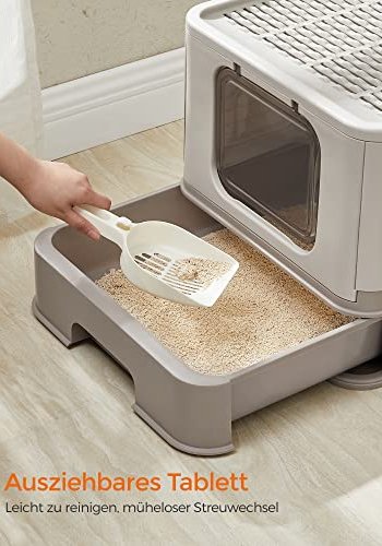 FEANDREA sppelkasse, med lokk og uttrekkbar skuff, for katter opptil 15 kg - lett og varm gr plast