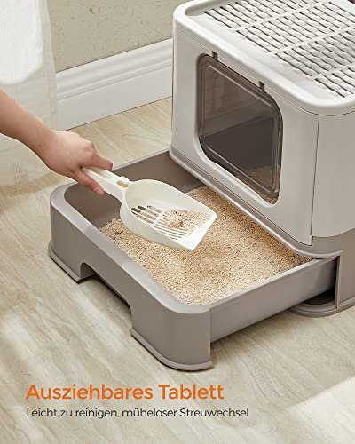 FEANDREA sppelkasse, med lokk og uttrekkbar skuff, for katter opptil 15 kg - lett og varm gr plast