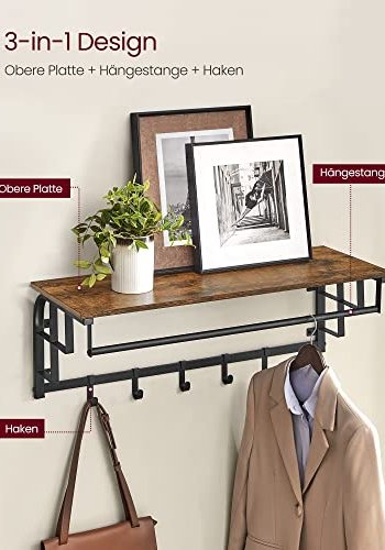 VASAGLE Hutablage, mit Kleiderstange und 5 abnehmbaren Haken – rustikale braune Spanplatte und schwarzer Stahl