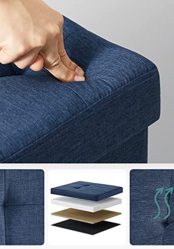 SONGMICS Ottomansk oppbevaringsbenk, m. 1 lokk, 2 rom, sammenleggbar - marinebltt lin (110x38)