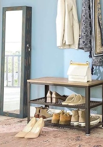 VASAGLE benk, m. 2 skohyller - greige sponplater og sort stl (73x30)