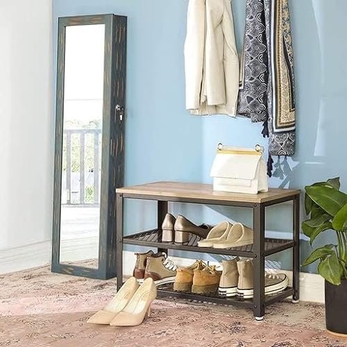 VASAGLE benk, m. 2 skohyller - greige sponplater og sort stl (73x30)