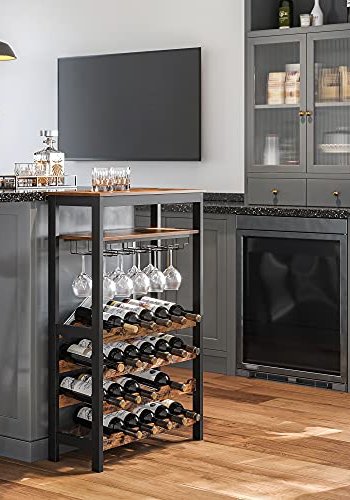 SONGMICS vinreol, til 24 vinflasker, m. glasholdere og 2 hylder - brun bambus og sort stl
