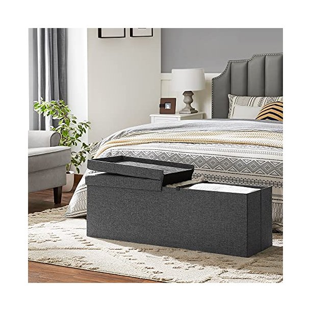 SONGMICS bnk, sammenklappelig, m. klaplg - mrkegr imiteret linned (110x38)