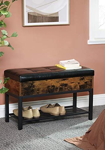 VASAGLE benk, med pute, 1 rom, 1 nettinghylle - svart kunstskinn, brun sponplate og svart stl (70x30)