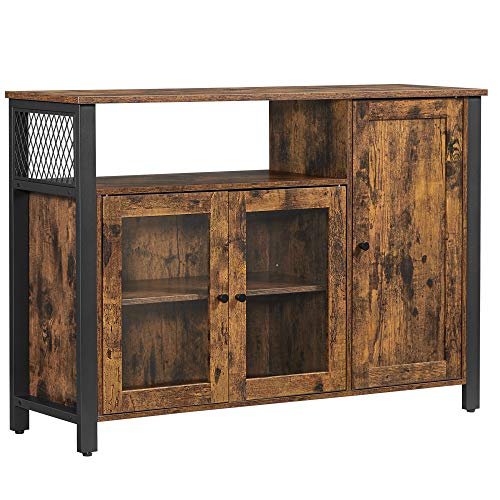 VASAGLE Sideboard, mit 1 offenen Fach, 3 Türen und Einlegeböden – rustikale braune Spanplatte und schwarzer Stahl