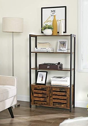 VASAGLE Schrank, mit 2 Lamellentüren und 3 Einlegeböden – rustikale braune Spanplatte und schwarzer Stahl