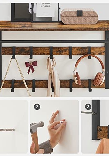 VASAGLE hattehylle, m. 10 kroker og 1 hengerstang - brun sponplate og sort stl