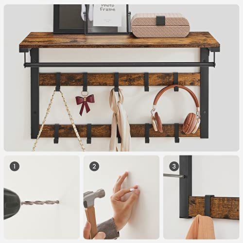 VASAGLE hattehylle, m. 10 kroker og 1 hengerstang - brun sponplate og sort stl