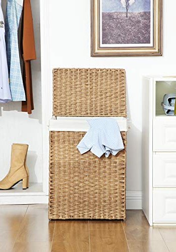 SONGMICS skittentyskurv, med lokk, hndtak, sammenleggbart, avtagbart fr - bomull og naturlig polyrattan