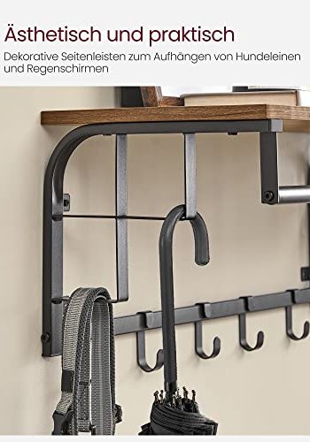 VASAGLE Hutablage, mit 5 Haken und 1 Kleiderstange – braune Spanplatte und schwarzer Stahl
