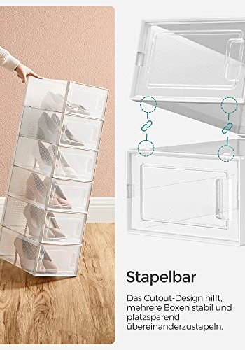 SONGMICS skoeske, stablebar, sammenleggbar, passer opp til UK strrelse 10,5 - klar/hvit plast (sett med 18)