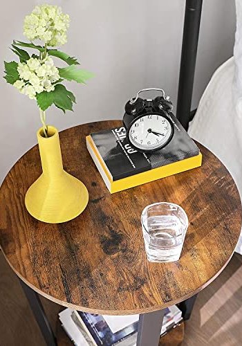 VASAGLE Beistelltisch mit Ablage, rund – rustikale braune Spanplatte und schwarzer Stahl (50)