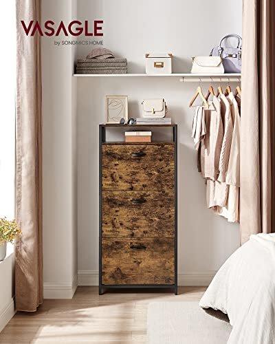 VASAGLE Schuhschrank, mit 3 Flügeltüren und 1 Fach – braune Spanplatte und schwarzer Stahl