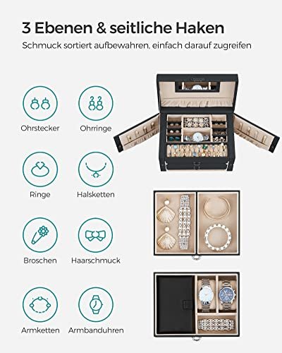 SONGMICS smykkeskrin, m. 2 skuffer, speil, reiseveske - sort kunstskinn