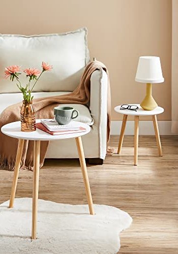 VASAGLE Beistelltisch, rund – weißes MDF und Kiefer natur (2er-Set)