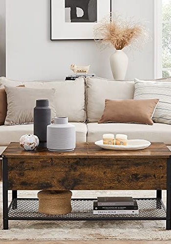 VASAGLE salongbord, med hengslet lokk og nettinglokk - rustikk brun sponplate og sort stl (100x55)