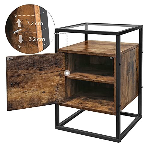 VASAGLE nattbord, m. 1 dr og 1 hylle - herdet glass, rustikk brun sponplate og svart jern (40x40)