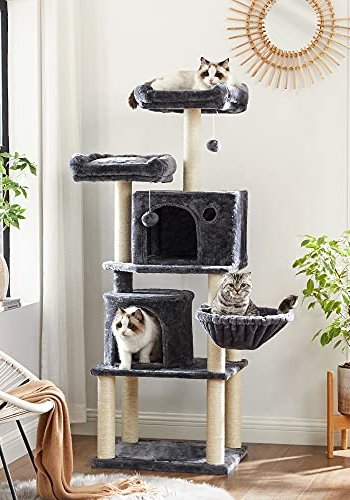 FEANDREA skrapestolpe, 5 niver, 2 plattformer, 2 huler, 2 pom-poms, 1 kurv - rykgr plysj