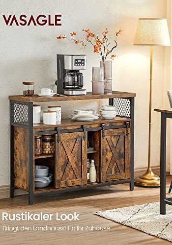 VASAGLE Sideboard, mit 2 Schiebetüren, verstellbarem Regal – rustikale braune Spanplatte und schwarzer Stahl
