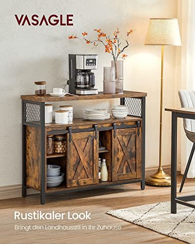 VASAGLE Sideboard, mit 2 Schiebetüren, verstellbarem Regal – rustikale braune Spanplatte und schwarzer Stahl