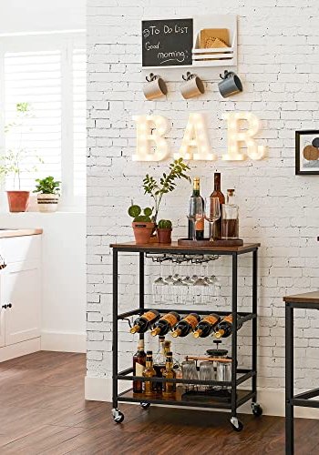 VASAGLE rullebord, hylle, holder for glass og flasker - rustikk brun sponplate og sort stl (60x40)