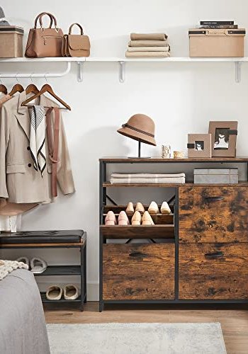 VASAGLE Schuhschrank, mit 4 Flügeltüren und 1 Einlegeboden – rustikale braune Spanplatte und schwarzer Stahl