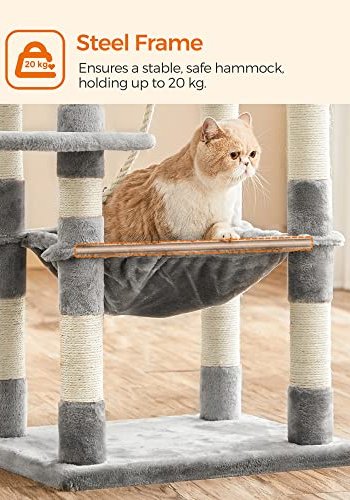 FEANDREA skrapestolpe, 5 niver, 2 plattformer, 1 hule, 2 pom-poms, 1 hengekye - lys gr plysj