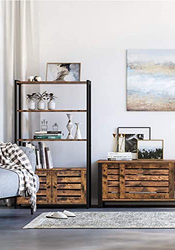 VASAGLE Schrank, mit 2 Lamellentüren und 3 Einlegeböden – rustikale braune Spanplatte und schwarzer Stahl