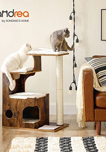 FEANDREA skrapestolpe, 3 niver, 3 plattformer, 1 hule - hvit plysj, sisal og rustikk brun MDF