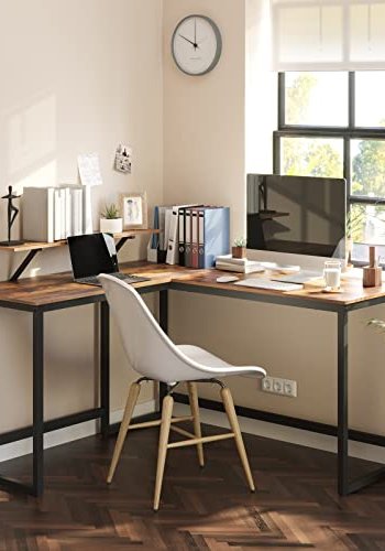 VASAGLE hjrnepult, med skjermstativ - rustikk brun sponplate og sort stl (140x130)