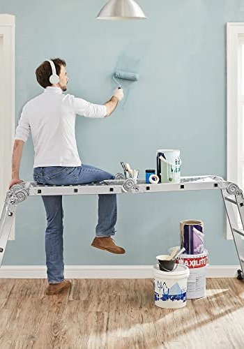 SONGMICS 3,5 m stige, multifunksjonsstige, m. 2 metallplater, 12 trinn, leddet - slv aluminium