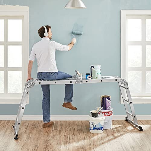 SONGMICS 3,5 m stige, multifunksjonsstige, m. 2 metallplater, 12 trinn, leddet - slv aluminium