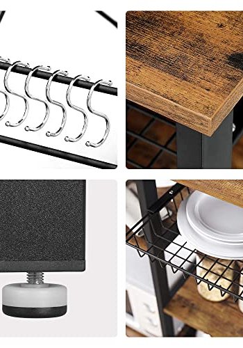 VASAGLE kjkkenhylle, m. 6 kroker, trdkurv og 5 hyller - rustikk brun sponplate og sort stl