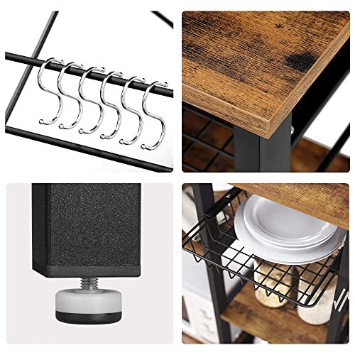 VASAGLE kjkkenhylle, m. 6 kroker, trdkurv og 5 hyller - rustikk brun sponplate og sort stl