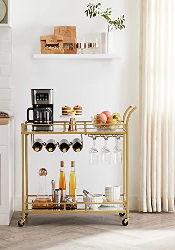 VASAGLE rullebord, m. 1 hylle, holder for glass og flasker - speilglass og gullstl (80x38)
