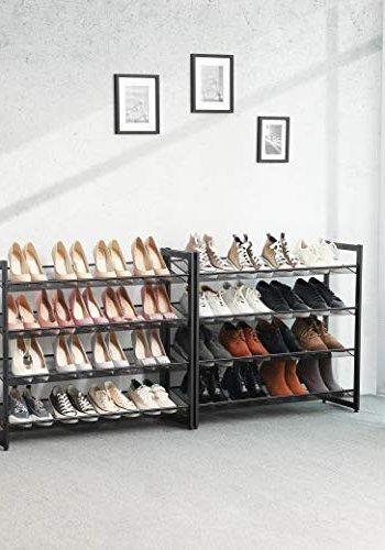 SONGMICS Schuhregal, stapelbar, 4 verstellbare Gitterböden flach oder schräg – schwarzer Stahl (2er-Set)