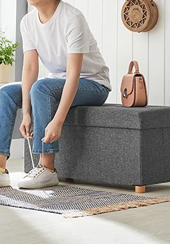 SONGMICS oppbevaringsbenk, m. 1 lokk, sammenleggbart - mrkegr lin og naturlig tre (76x38)