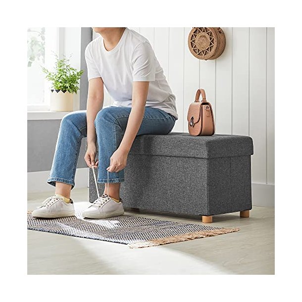 SONGMICS opbevaringsbnk, m. 1 lg, foldbar - mrkegr linned og natur tr (76x38)